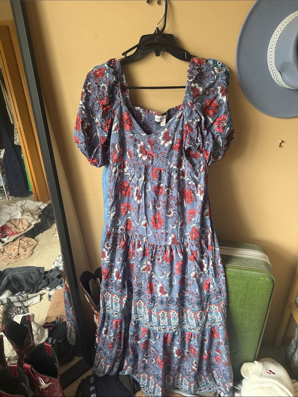 Blue Floral Tiered Midi Dress with Puff Sleeves